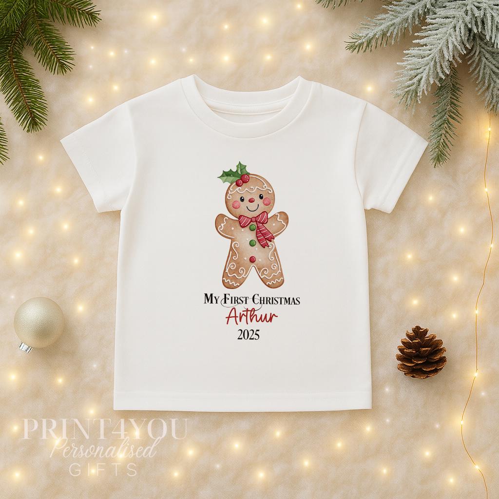 Personalised Gingerbread Christmas Baby Outfit – Vest, Sleepsuit & Bib Gift Set, Custom Name