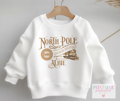 Personalised North Pole Express Jumper or T – Shirt Gold Christmas Train Design - 6-12m SWEATSHIRT