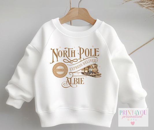Personalised North Pole Express Jumper or T – Shirt Gold Christmas Train Design - 6-12m SWEATSHIRT