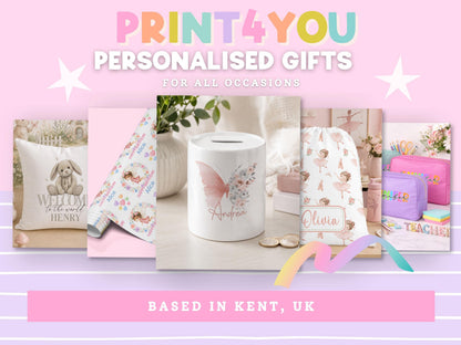 The image is a collage of five different images, each featuring a personalized gift item, such as a mug, bag, or pillow, with a personalized name printed on it. The text above the collage reads "PRINT4YOU PERSONALISED GIFTS FOR ALL OCCASIONS", and the text at the bottom of the image says "BASED IN KENT, UK".