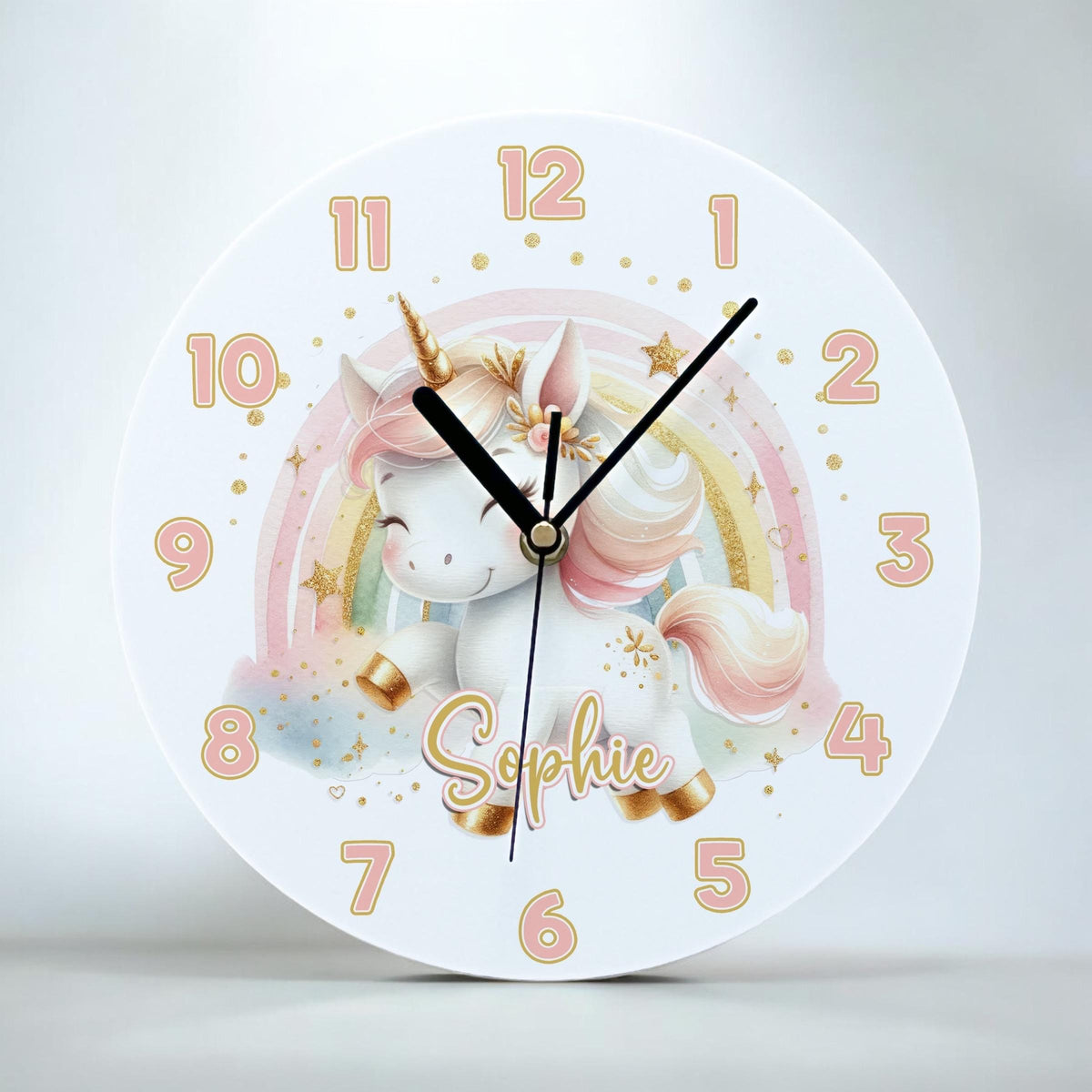 Close-up of the personalised unicorn and rainbow acrylic clock face