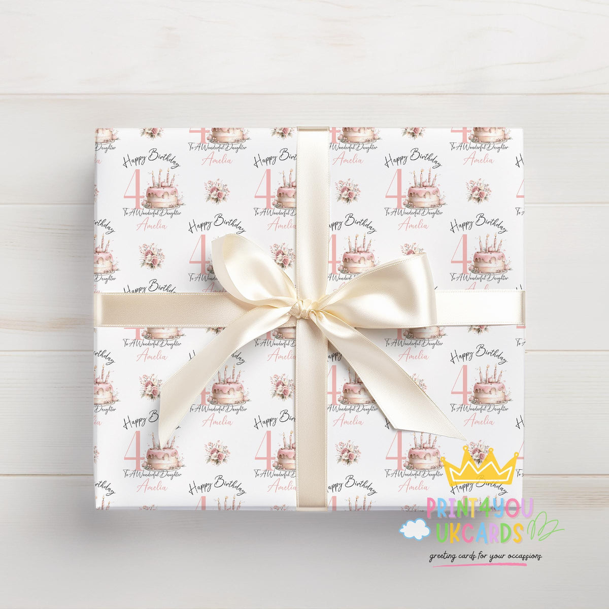 An additional close-up of the pink birthday cake and floral pattern printed on the wrapping paper