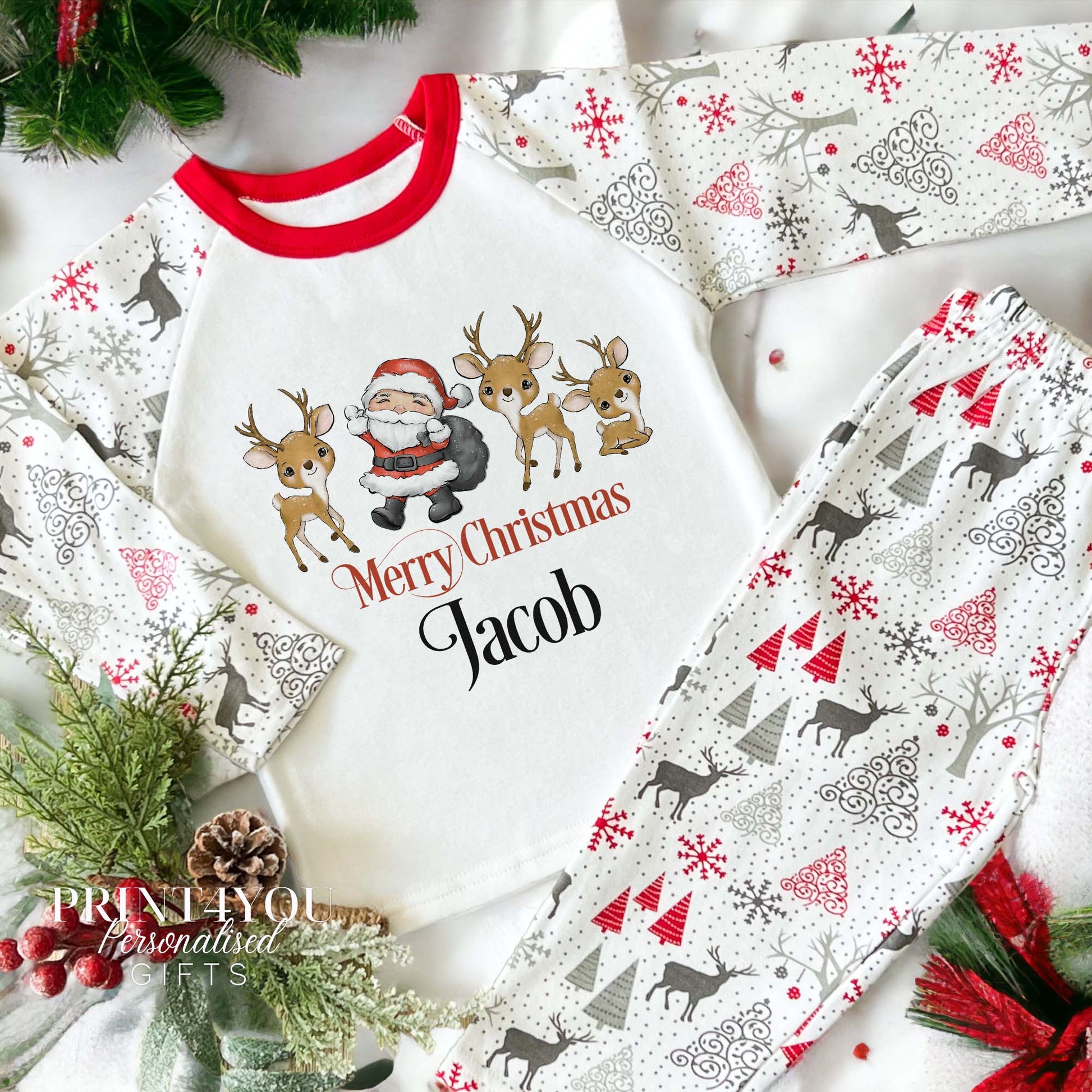 Personalised Reindeer Print Children's Christmas Pyjamas – Santa and Reindeers - 1-2 years