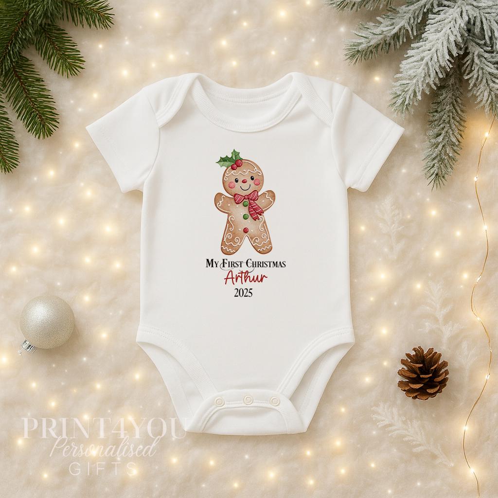 Personalised Gingerbread Christmas Baby Outfit – Vest, Sleepsuit & Bib Gift Set, Custom Name