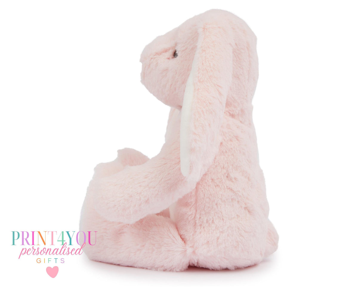 Personalised first birthday bunny soft toy, unicorn design, close up of print