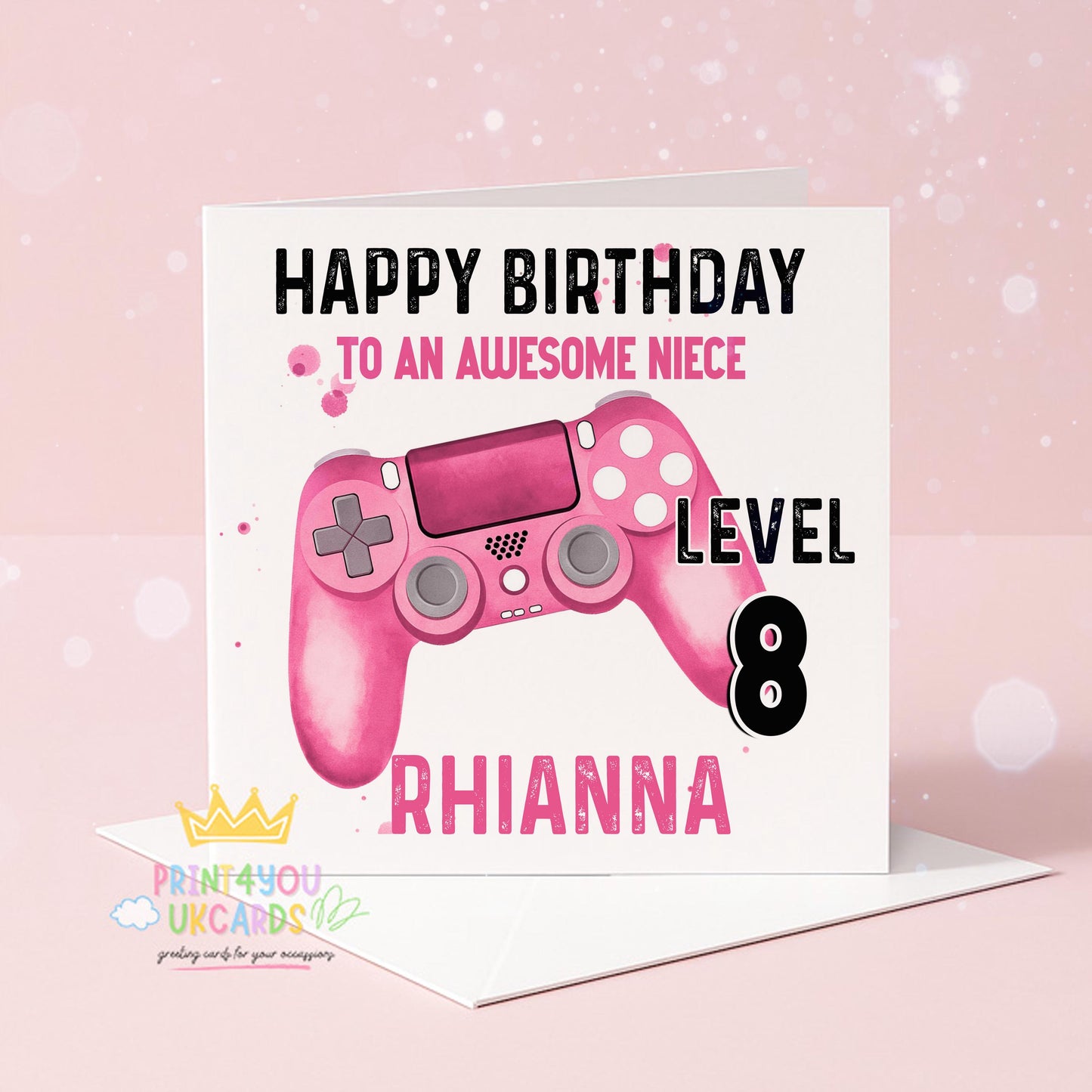 Personalised gamer birthday card with a bold pink games controller design, with space for a custom name, relation and level age