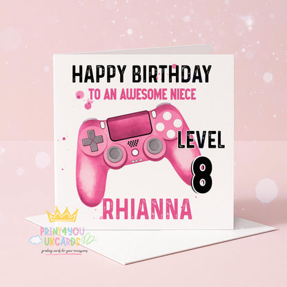 Personalised gamer birthday card with a bold pink games controller design, with space for a custom name, relation and level age