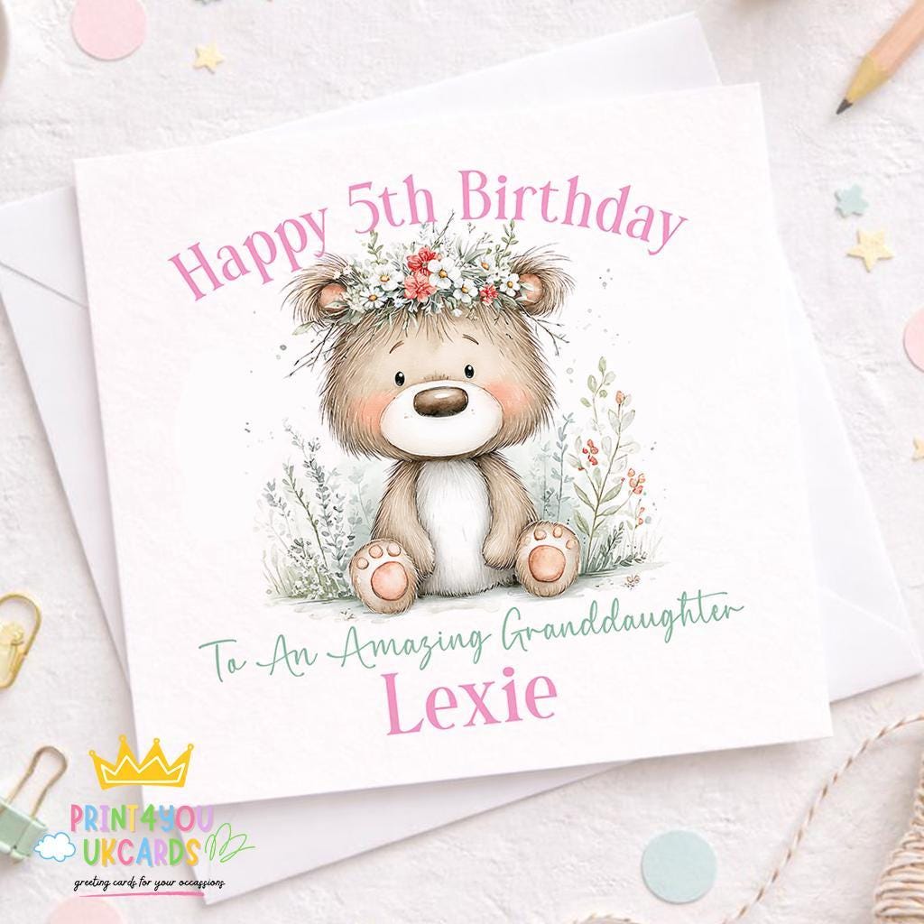 Personalised teddy bear birthday card with floral design