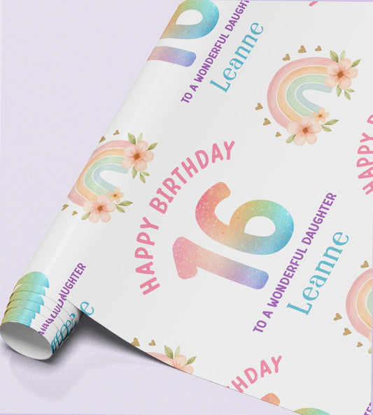 Personalised rainbow wrapping paper shown wrapped around a gift box to demonstrate the finished look.