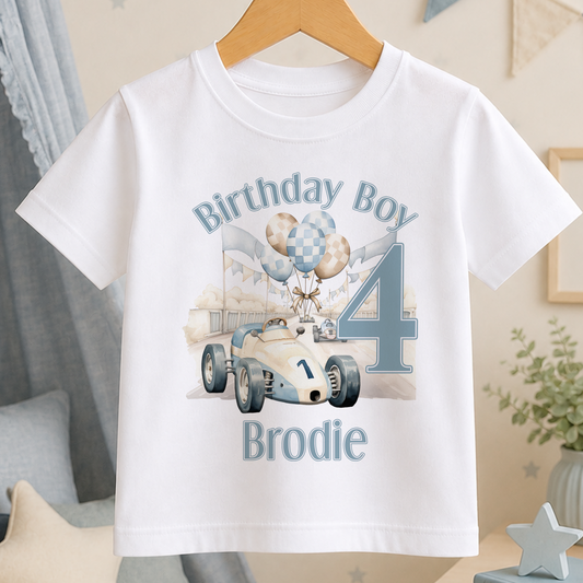 White cotton kids t-shirt personalised with name and age, racing car and balloons design