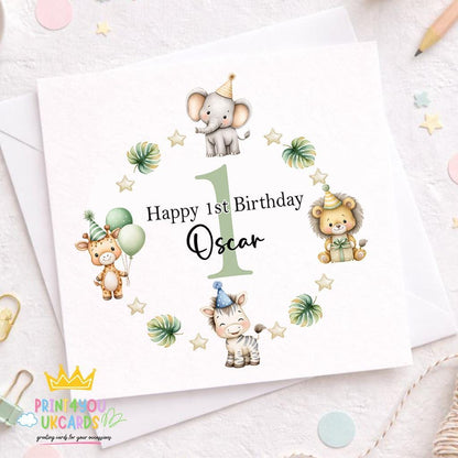Square 1st birthday card featuring a safari animal wreath design, ready for personalising with a child's name and age.