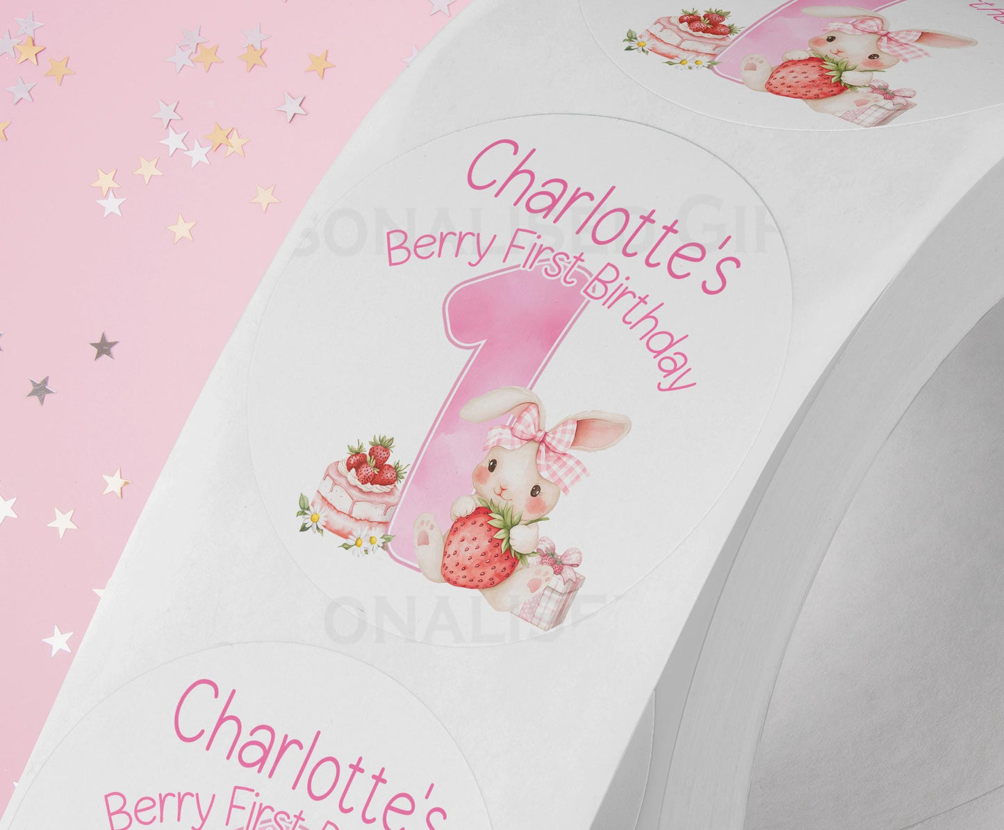 Personalised Berry ONE 1st Birthday Stickers Shiny White Gloss 5cm Ideal Wedding Favors Party Bag Treats - Strips (5cm each)