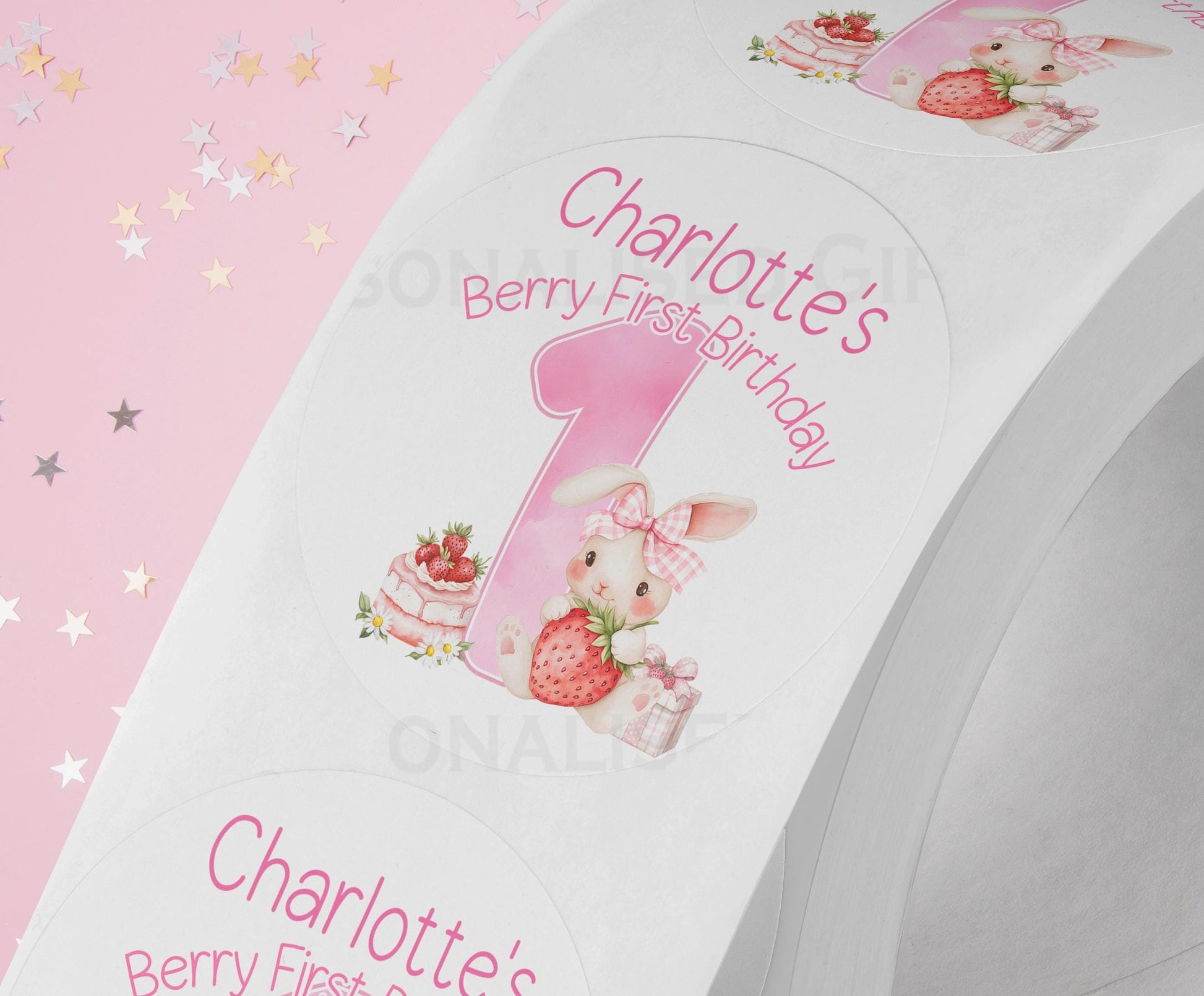 Personalised Berry ONE 1st Birthday Stickers Shiny White Gloss 5cm Ideal Wedding Favors Party Bag Treats - Strips (5cm each)