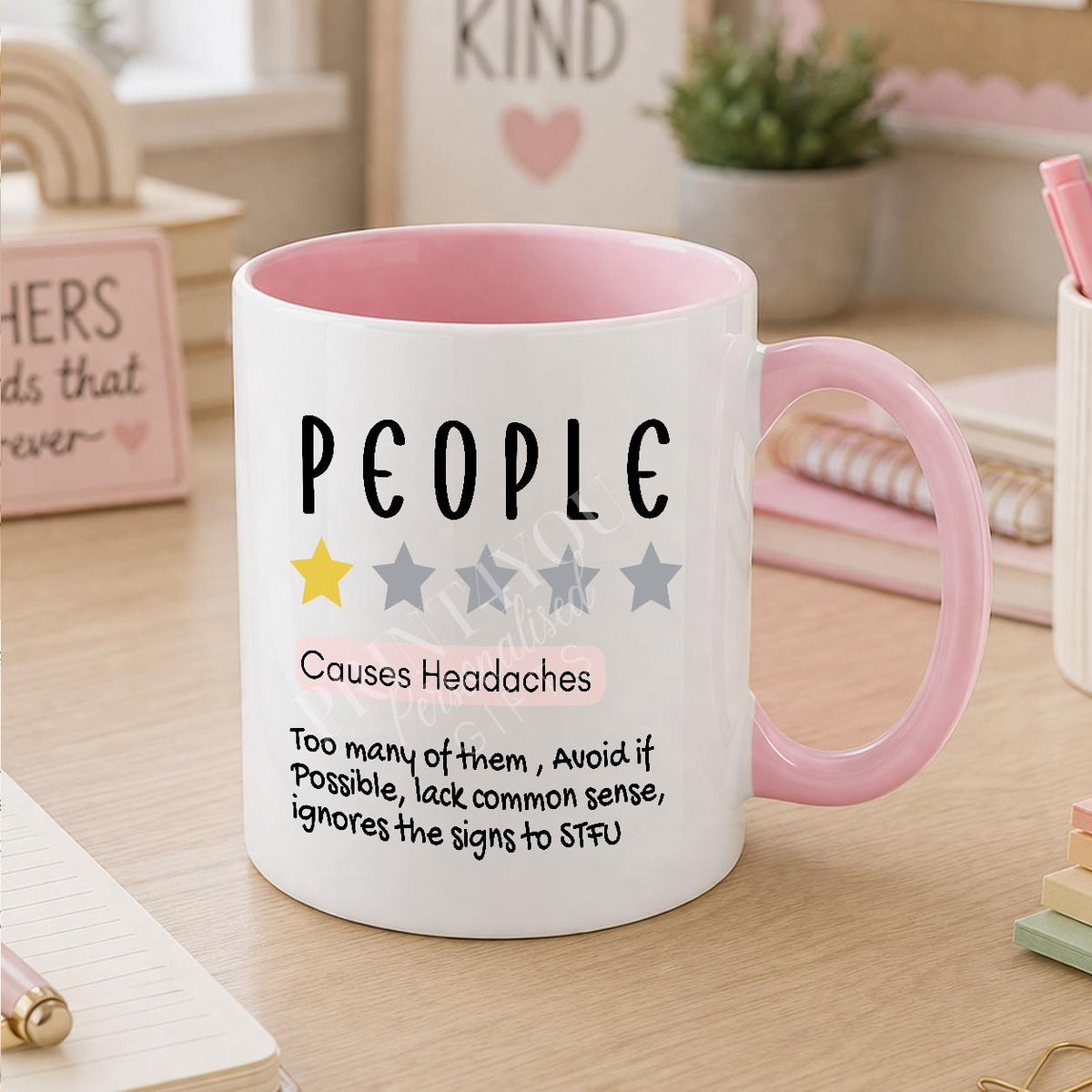 White ceramic mug printed with 'People Cause Headaches' sarcastic office humour design, personalised with a name