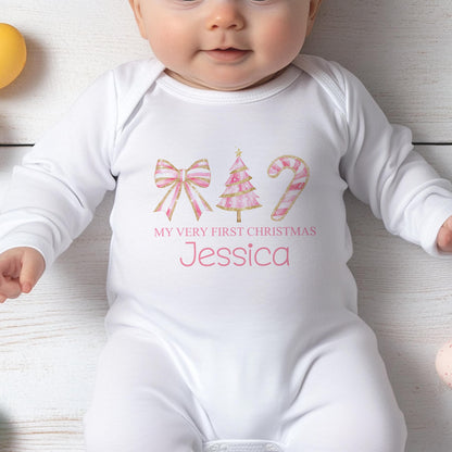 Personalised My First Christmas Baby Vest – Pink &amp; Gold Bow &amp; Candy Cane Design, Custom Name