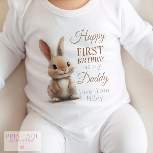 Personalised bib with watercolour bunny design printed 'Happy First Birthday as my Daddy' and custom name