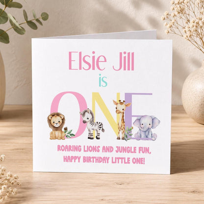 Front view of the personalised safari jungle animals birthday card on a plain background.