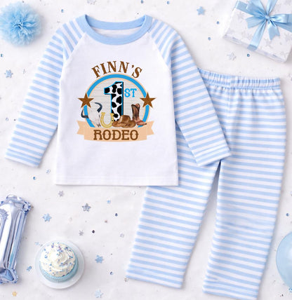 Close-up of the personalised name printed on the blue stripe pyjama top