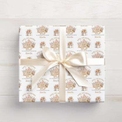 Roll of personalised glitter crown wrapping paper packaged in a postal tube ready for delivery.