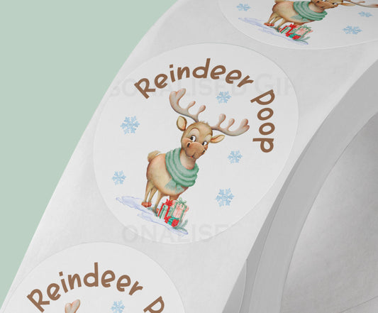 Personalised reindeer poop Christmas sticker on a strip – glossy white 5cm round gift label printed with a custom name
