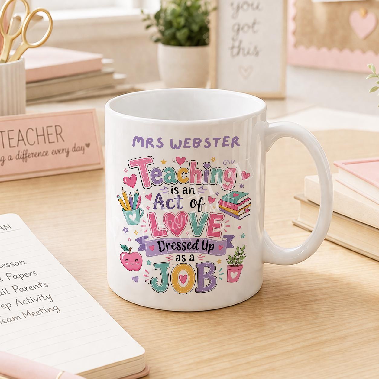 Close-up of personalised teacher mug design