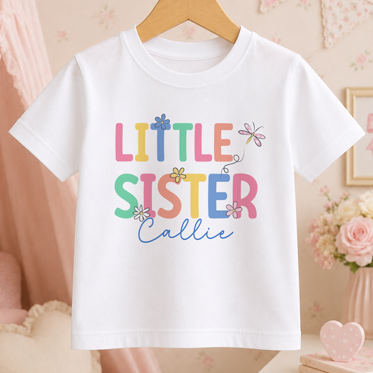 A white t-shirt with the text "LITTLE SISTER CALLIE" printed on it, along with colorful flower designs.