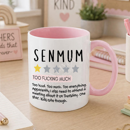 White ceramic mug printed with a SEN and autism parent design, personalised with a name