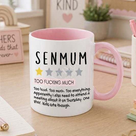 White ceramic mug printed with a SEN and autism parent design