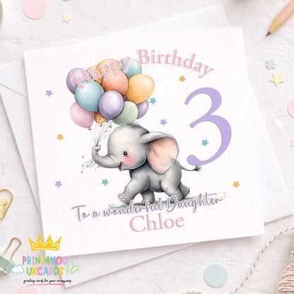 Personalised girls 3rd birthday card with elephant and balloon design