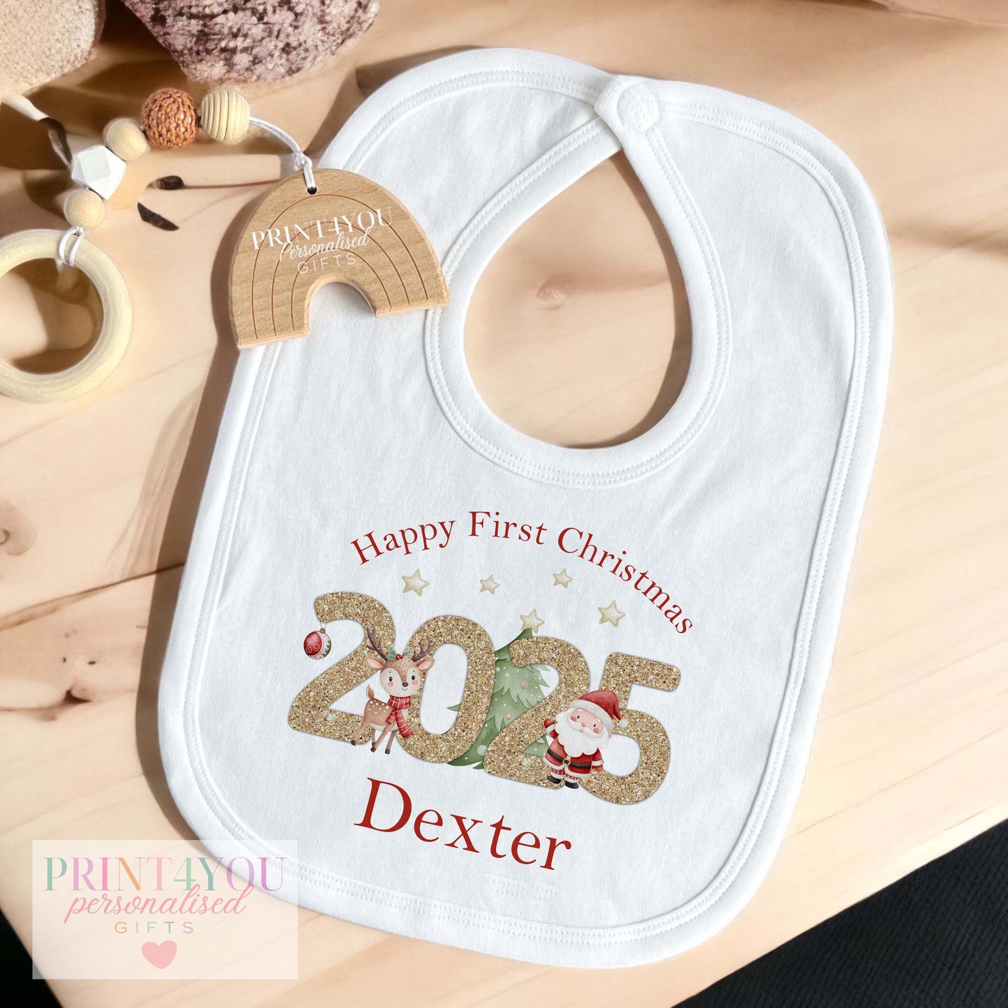 Personalised Santa & Reindeer Christmas Baby Vest – 2025 Glitter Design Gift Set, Custom Name