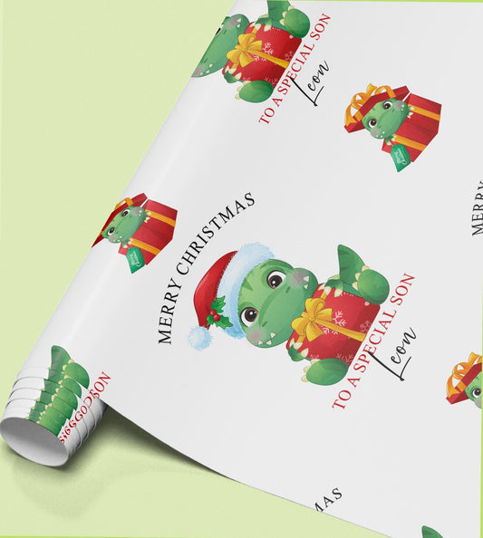Personalised T-Rex Christmas wrapping paper shown as a full sheet with the repeating dinosaur pattern