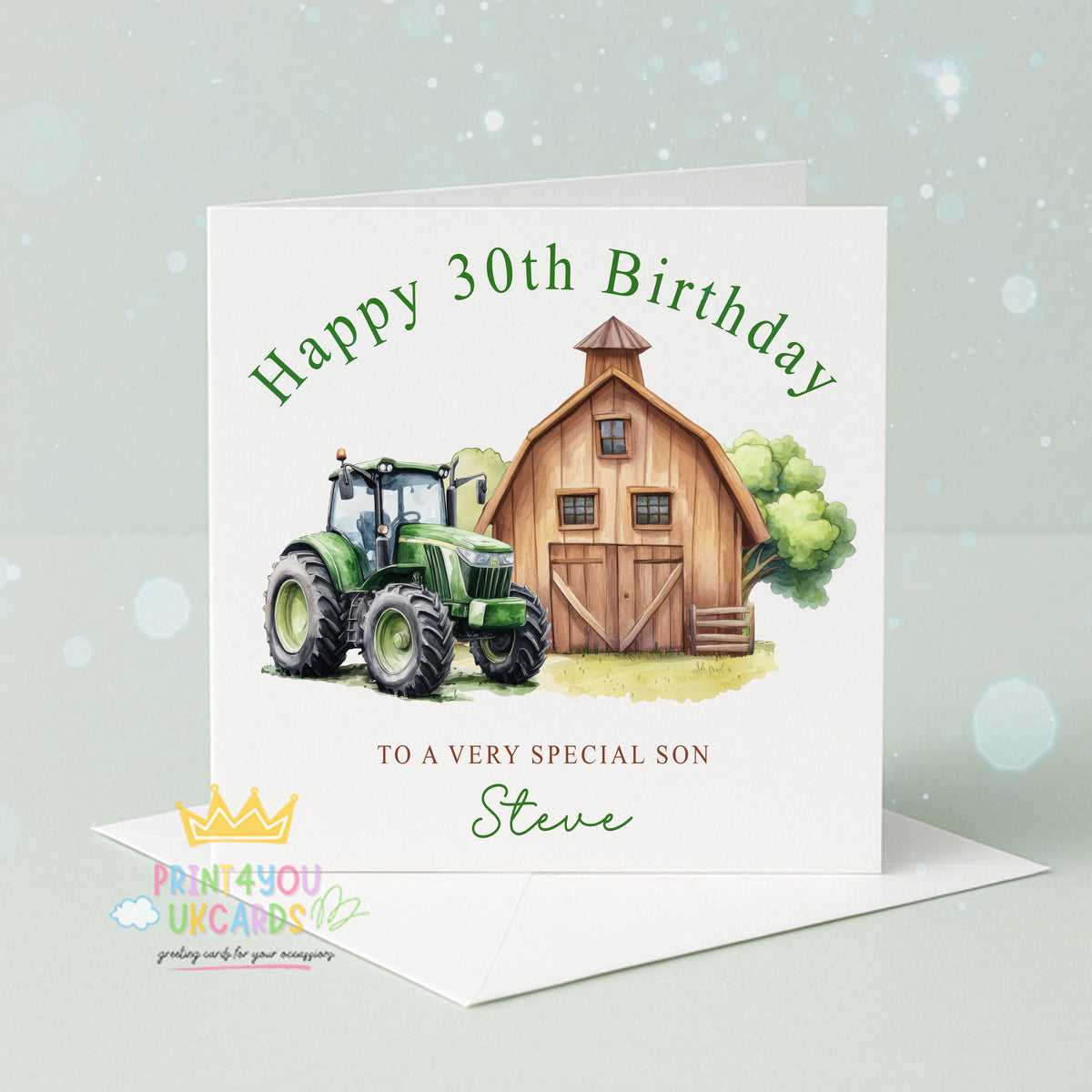 Front-only view of the personalised tractor and barn 30th birthday card, showing the smooth luxury cardstock finish.