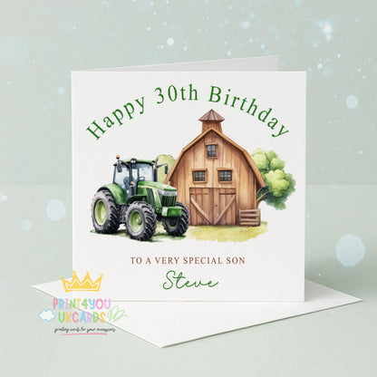 Front-only view of the personalised tractor and barn 30th birthday card, showing the smooth luxury cardstock finish.