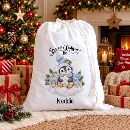 Personalised Baby Christmas Sack, Penguin Boys Name Blue Santa Sack