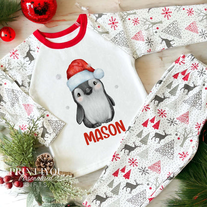 Personalised Reindeer Print Children's Christmas Pyjamas – Cute Penguin - 1-2 years