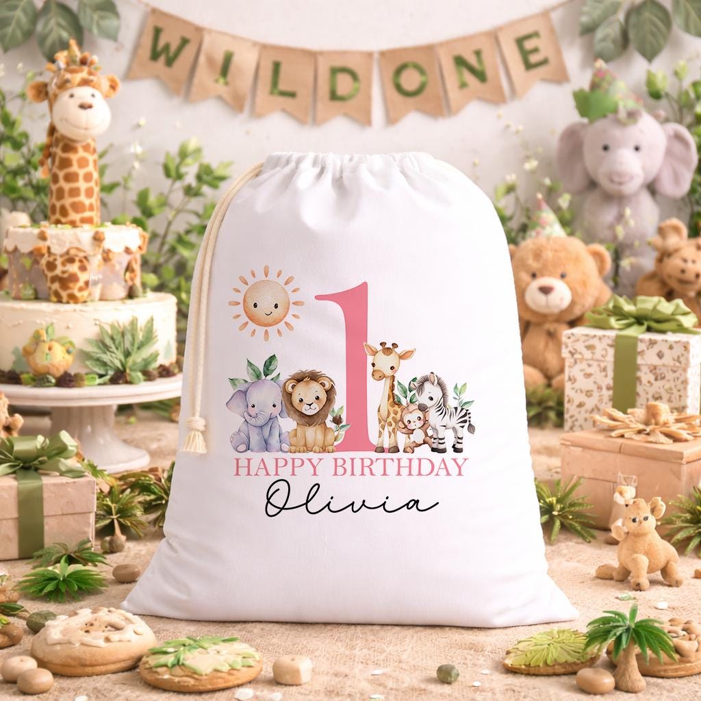 White A3 drawstring party bag printed with a Wild One safari animal design, personalised child's name and the fixed 'ONE' wording.