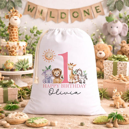 White A3 drawstring party bag printed with a Wild One safari animal design, personalised child's name and the fixed 'ONE' wording.