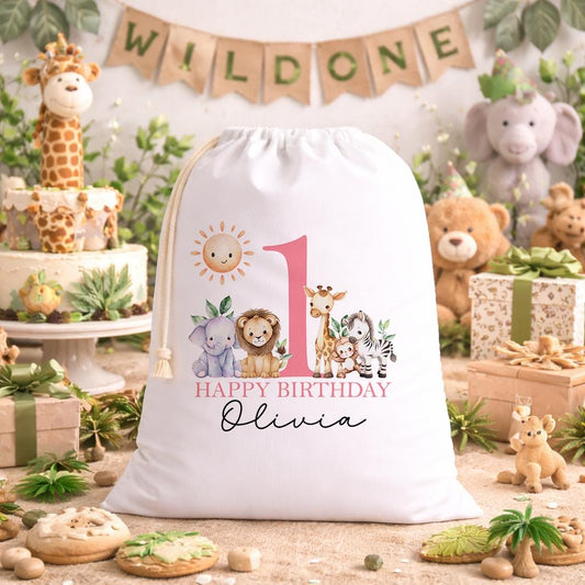 White A3 drawstring party bag printed with a Wild One safari animal design, personalised child's name and the fixed 'ONE' wording.