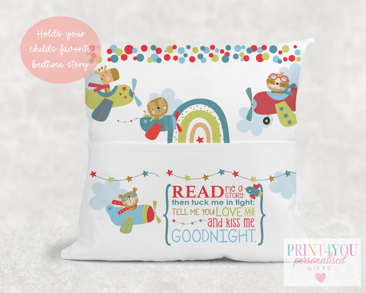 Close-up of the airplane book cushion showing the polka dot and rainbow fabric detail