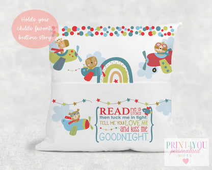Close-up of the airplane book cushion showing the polka dot and rainbow fabric detail