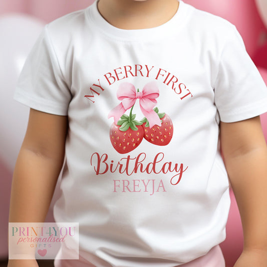 Personalised My Berry strawberry baby bib, printed with a custom name for a first birthday.