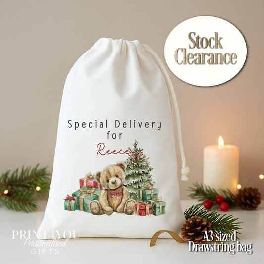 Personalised Christmas Drawstring Bag – Cute Teddy Bear Design – A3 Size Sack