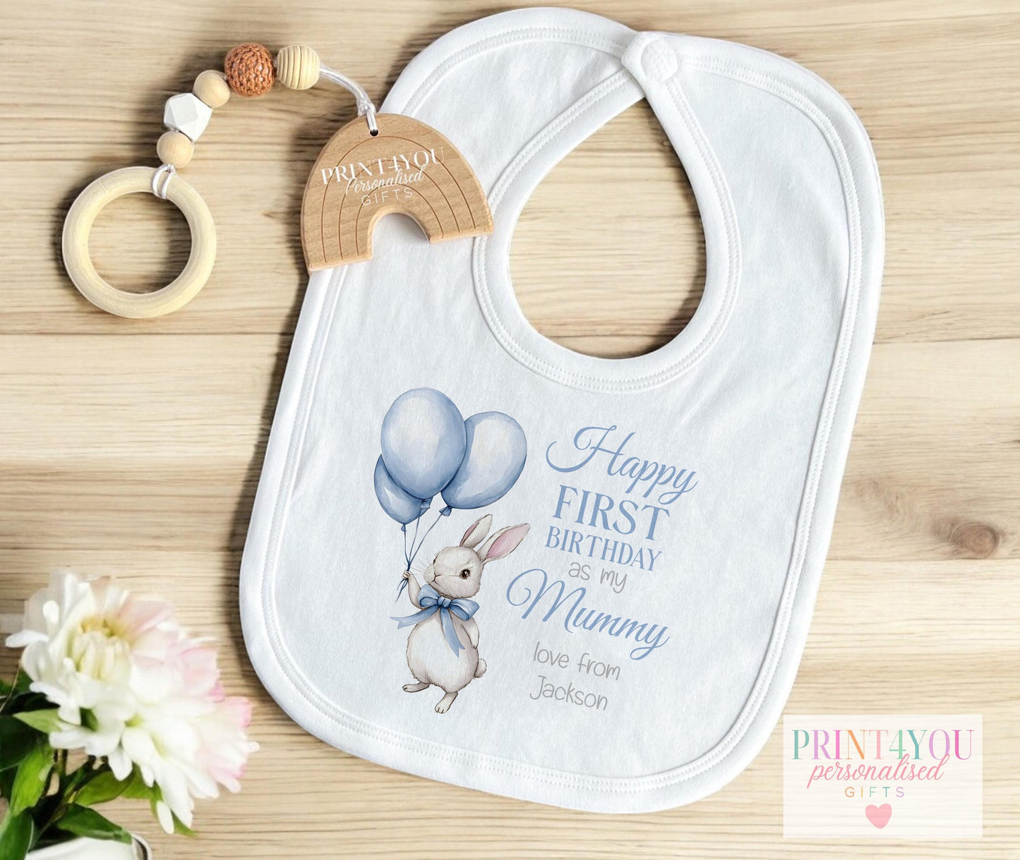 Personalised grey bunny 1st birthday t-shirt, printed with baby's name and family title.