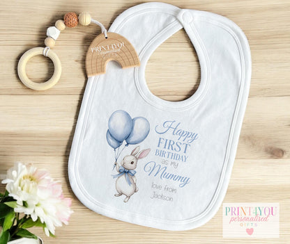 Personalised grey bunny 1st birthday t-shirt, printed with baby's name and family title.
