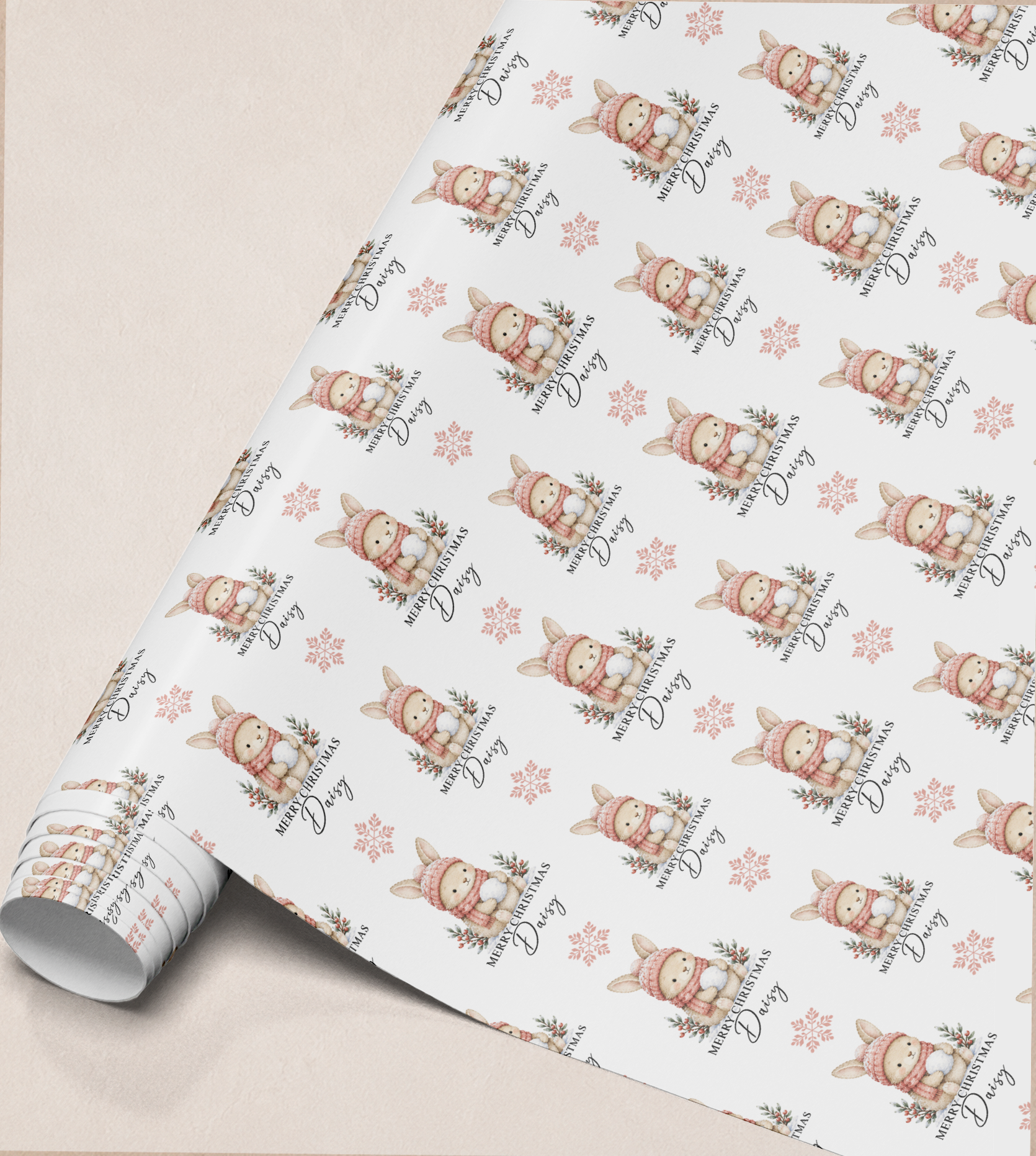Close-up of the personalised bunny rabbit Christmas gift wrap roll design showing the custom name detail