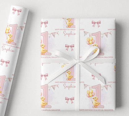 Close-up detail of the pink duck print pattern