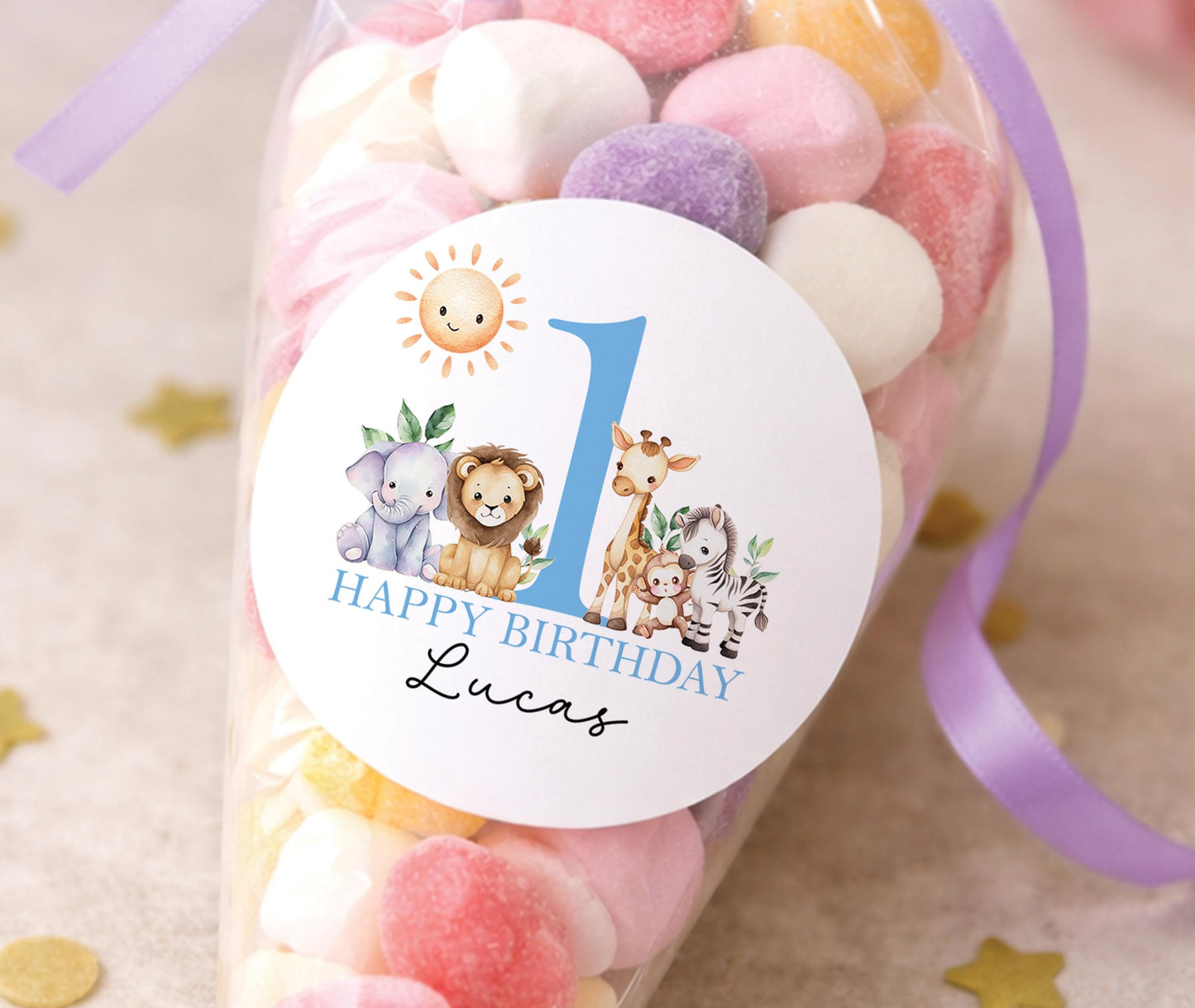 Sheet of personalised safari jungle birthday stickers featuring animal designs, for a baby boy's 1st birthday party.