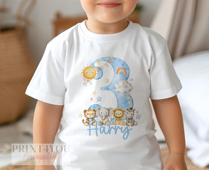 Personalised safari birthday t-shirt laid flat, showing printed name and age