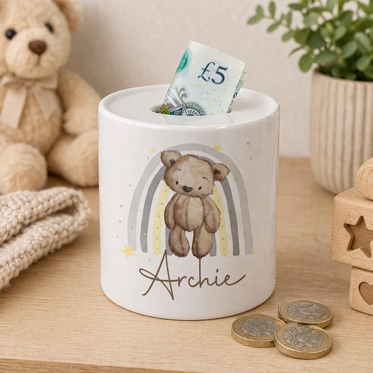 Ceramic teddy bear money box personalised with a child's name