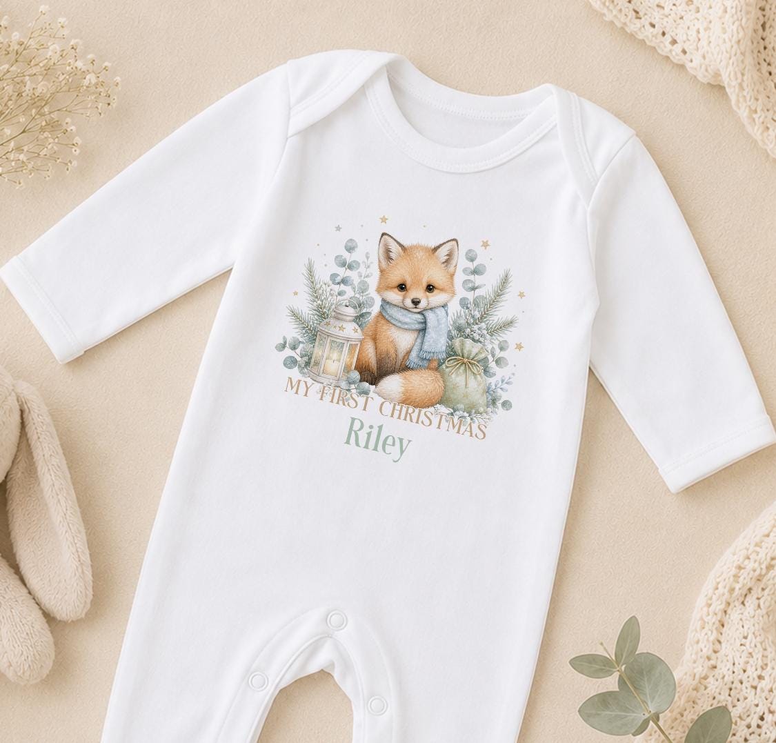 Personalised First Christmas Baby Outfit 2026, Fox Vest, Sleepsuit